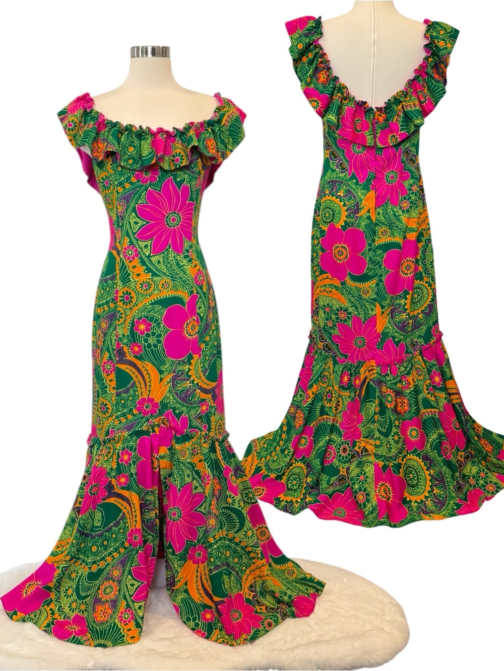 🌺SOLD🌺 Vintage Hawaiian Togs Floral Print Fishtail Hem 60s Maxi Gown Dress 12
